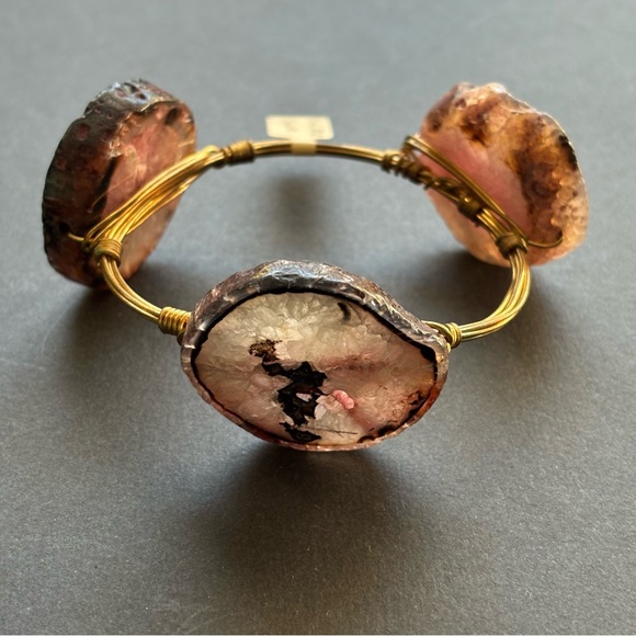 N/A Jewelry - Gold Wire Wrapped Pink & Black Agate Bangle Bracelet | 62g